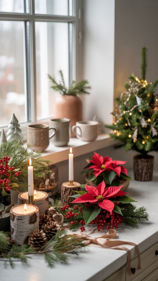 Kitchen Counter Christmas Decor Ideas with Natural and Festive Elements