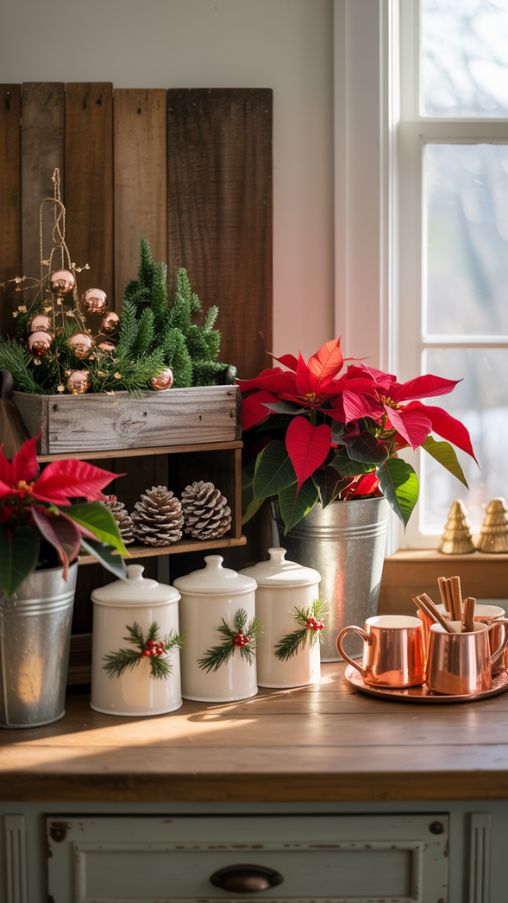 Kitchen Counter Christmas Decor Ideas with Vintage and Rustic Holiday Accent