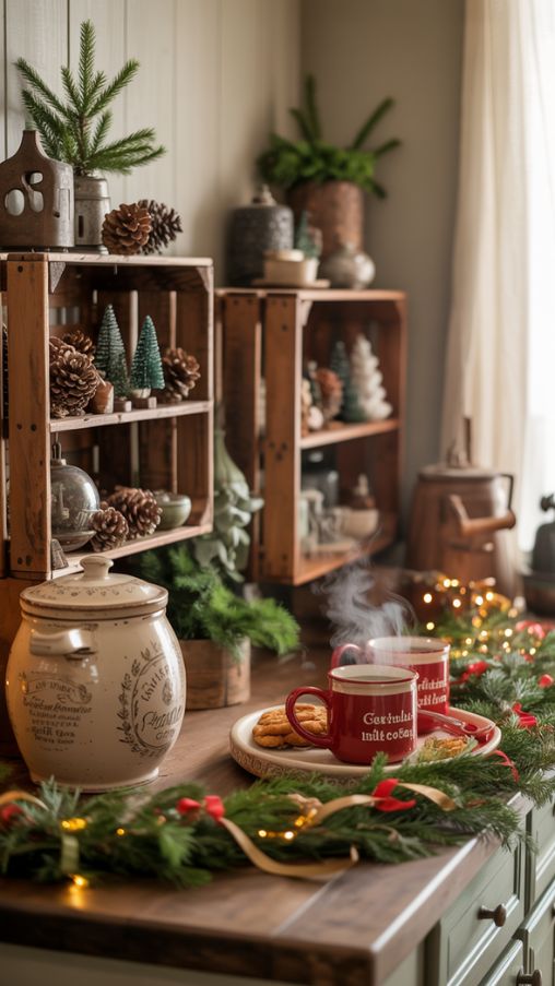 Kitchen Counter Christmas Decor Ideas with Vintage and Rustic Holiday Accent