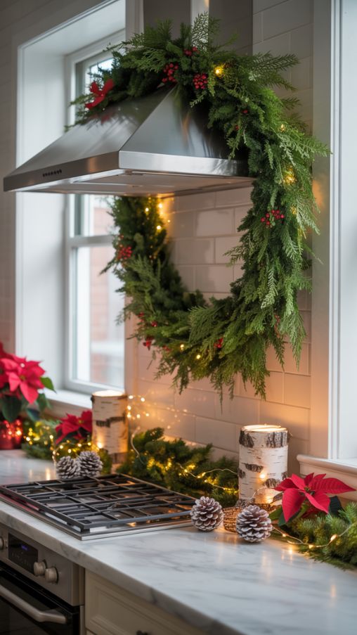 A cozy, festive kitchen showcasing Christmas counter decor with wreaths and garlands. The kitchen features clean countertops and warm, inviting decor. A slightly wild, natural wreath hangs on a cabinet door above the range hood, while garlands draped along cabinet tops and shelves add continuity. Red and white ribbons, small ornaments, and subtle fairy lights are intertwined with the greenery, creating a magical winter wonderland effect. Pinecones, poinsettias, and sprigs of holly are scattered across the counters, paired with birch bark candle holders and decorative antler bowls. Soft natural light highlights the textures, creating a cozy, stylish, and Instagram-worthy holiday scene.Keywords/Focus: Kitchen Counter Christmas Decor Ideas, wreaths and garlands for kitchen, festive holiday kitchen decorations