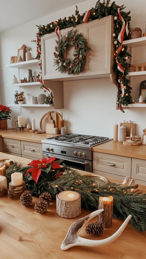A cozy, festive kitchen showcasing Christmas counter decor with wreaths and garlands. The kitchen features clean countertops and warm, inviting decor. A slightly wild, natural wreath hangs on a cabinet door above the range hood, while garlands draped along cabinet tops and shelves add continuity. Red and white ribbons, small ornaments, and subtle fairy lights are intertwined with the greenery, creating a magical winter wonderland effect. Pinecones, poinsettias, and sprigs of holly are scattered across the counters, paired with birch bark candle holders and decorative antler bowls. Soft natural light highlights the textures, creating a cozy, stylish, and Instagram-worthy holiday scene.Keywords/Focus: Kitchen Counter Christmas Decor Ideas, wreaths and garlands for kitchen, festive holiday kitchen decorations