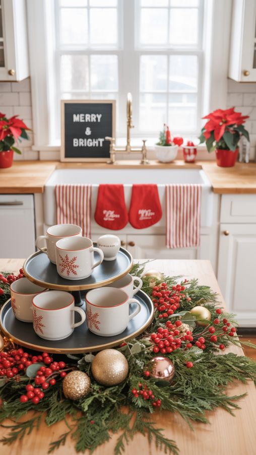A cozy, festive kitchen featuring Christmas counter décor with holiday-themed rugs, towels, and linens. A red-and-white striped rug lies in front of the sink, complemented by matching dish towels and oven mitts. Countertops display miniature trees, pinecones, candles, vignettes, and a hot cocoa station. Wreaths hang on cabinet doors, garlands drape along shelves, and mini ornaments and ribbons add extra festive charm. Everyday dishware is styled as seasonal accents, and letterboards with holiday messages personalize the space. The kitchen island serves as a holiday centerpiece with evergreen branches, berries, ornaments, and a decorative Lazy Susan. The color palette is simple with classic red, white, and muted gold accents, enhanced by natural greenery and poinsettias. Soft natural light creates a warm, Instagram-worthy holiday kitchen.Keywords/Focus: Kitchen Counter Christmas Decor Ideas, festive holiday kitchen textiles, Christmas rugs and towels