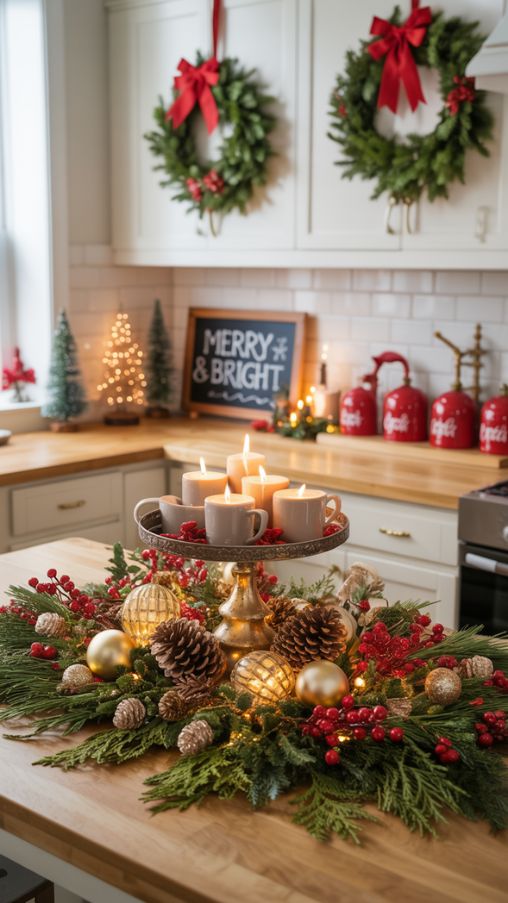 A cozy, festive kitchen featuring a beautifully decorated kitchen island as the holiday focal point. The island is styled with evergreen branches, red berries, pinecones, ornaments, and a decorative Lazy Susan, creating a layered and inviting centerpiece. Nearby countertops feature miniature trees, vignettes with candles, festive mugs, and a hot cocoa station. Wreaths hang on cabinet doors, garlands drape along shelves, and everyday dishware is transformed into seasonal accents. Letterboards and wooden signs add a personalized touch. The color palette is simple with classic red, white, and muted gold accents, complemented by natural greenery and poinsettias. Soft natural light highlights textures, creating a warm, functional, and Instagram-worthy holiday kitchen.Keywords/Focus: Kitchen Counter Christmas Decor Ideas, festive kitchen island centerpiece, holiday kitchen styling