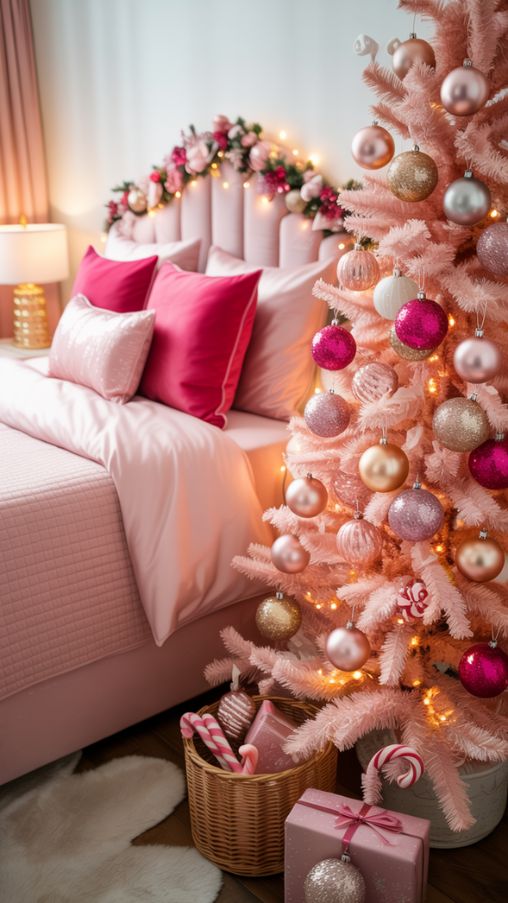 Layered Pink Christmas Decor Ideas for a Cozy and Whimsical Bedroom