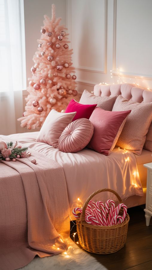 Layered Pink Christmas Decor Ideas for a Cozy and Whimsical Bedroom
