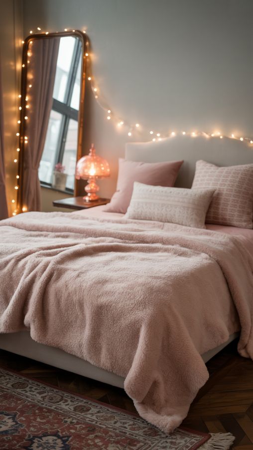 Layered Pink Christmas Lighting Ideas for a Cozy and Magical Bedroom
