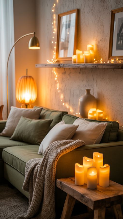 Layered Winter Lighting in a Neutral Cozy Living Room