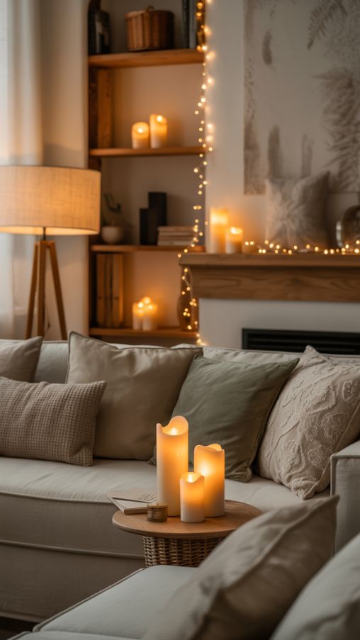 Layered Winter Lighting in a Neutral Cozy Living Room