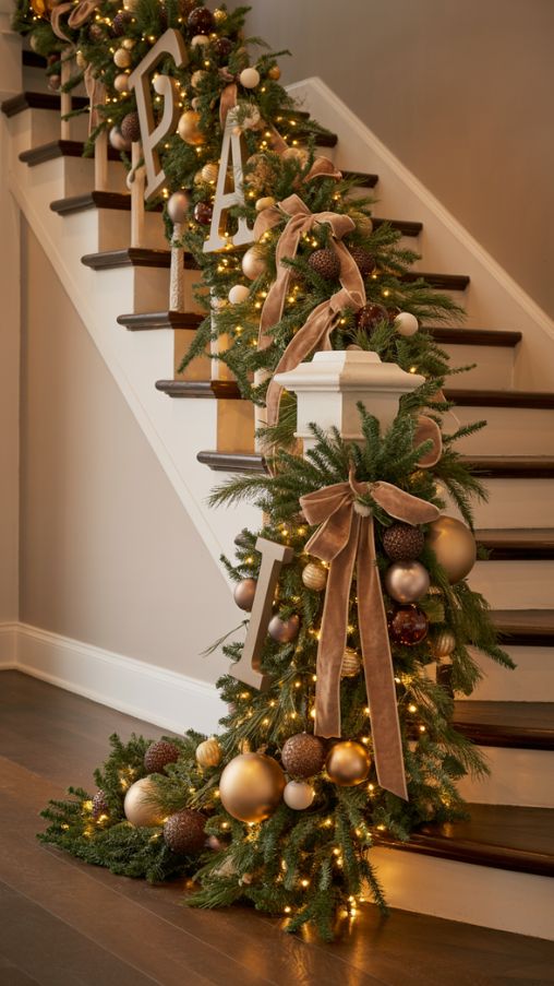 Layered and Dimensional Stair Railing Christmas Decorating Ideas