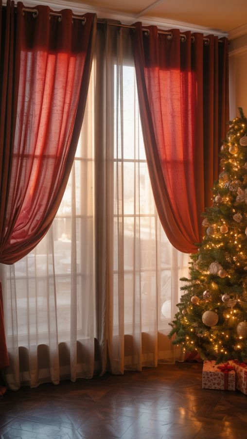 Layering Curtains for Light and Privacy in a Christmas Living Room