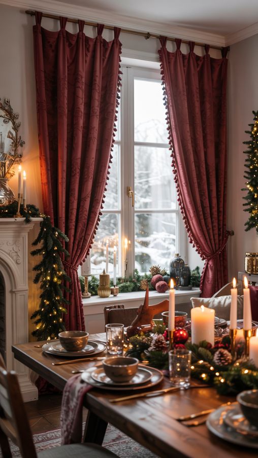 A festive living room styled for Christmas, featuring burgundy velvet curtains perfectly coordinated with gold-accented tableware on a nearby dining table. Green garlands drape elegantly across the mantel and window frame, while matching throw blankets and cushions enhance the holiday color scheme. Soft lighting from candles and string lights adds warmth, highlighting the rich textures of the curtains and décor. The room exudes a polished yet personal festive ambiance, showing how matching curtains with other holiday decorations creates a harmonious and inviting space.Keywords/Focus: Matching Curtains with Other Holiday Décor, Christmas Curtains Living Room Ideas, coordinated holiday home decorAlt Tag: Burgundy Christmas curtains paired with gold accents, green garlands, and cozy festive décor in a living roomImage Title: Matching Curtains with Other Holiday Décor in a Christmas Living Room