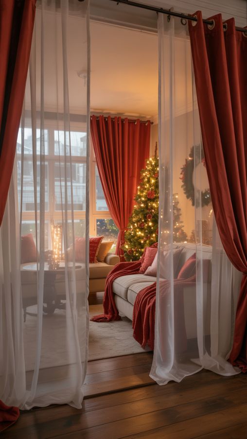 Layering Curtains for Light and Privacy in a Christmas Living Room