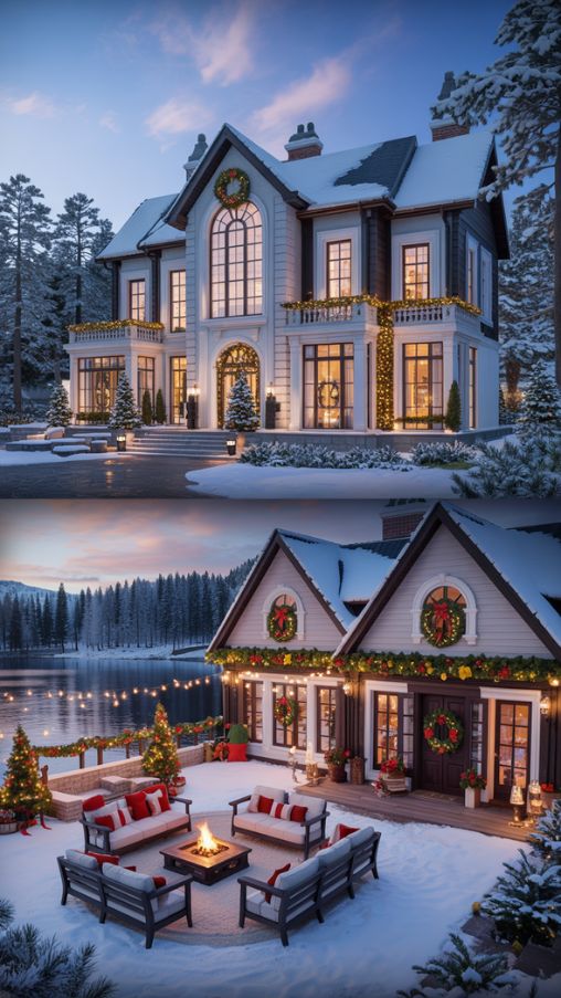 Luxury Bloxburg Christmas Mansion and Lakehouse Scene