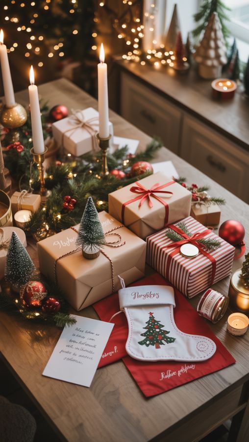 Create a festive gift-giving scene featuring Pretty Christmas Decorations used as thoughtful presents. Include ornaments, garlands, tabletop decorations, personalized stockings, candles, and festive tableware beautifully wrapped and arranged. Add small handwritten notes or personal touches on the gifts. Surround the scene with soft ambient lighting, cozy holiday accents, and hints of seasonal décor such as miniature trees or pinecones. The atmosphere should feel warm, inviting, and festive, highlighting the joy of giving and the versatility of Christmas decorations as gifts for 2024–2025 trends.
