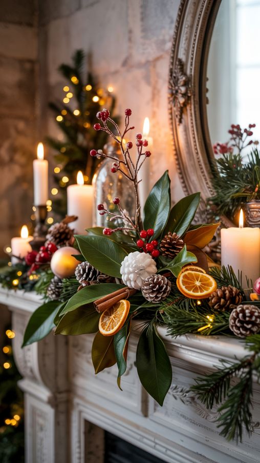 Magnolias and Natural Greenery Fireplace Mantel Christmas Decor