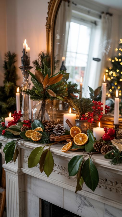 Magnolias and Natural Greenery Fireplace Mantel Christmas Decor
