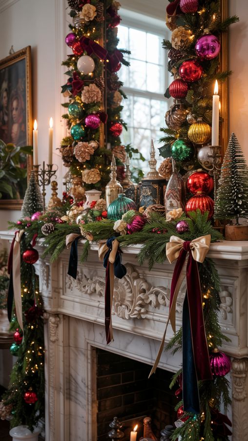Maximalist Fireplace Mantel Christmas Decor