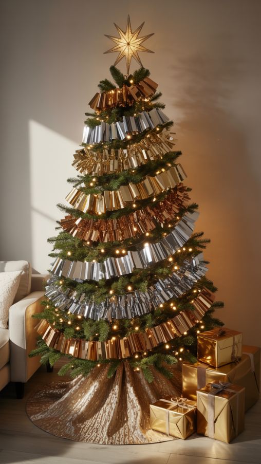 Metallic Garlands, Tree Toppers, and Skirts for a Cohesive and Elegant Holiday Tree