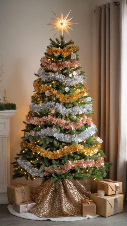 Metallic Garlands, Tree Toppers, and Skirts for a Cohesive and Elegant Holiday Tree