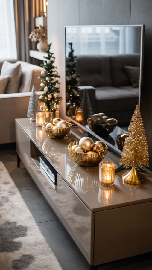 Metallic and Glamorous TV Stand Christmas Decor Ideas