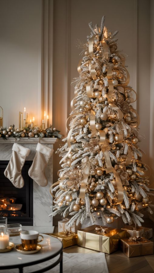 Modern Glam Snow Christmas Tree with Gold and Silver Ornaments