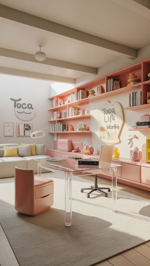 Photorealistic Toca Boca modern mansion office, sleek and minimalistic home office inspired by Toca Life World, clean-lined furniture, transparent desks and chairs for a sense of openness, floating bookshelves, neon artwork, playful and whimsical decorative touches, bright natural lighting, realistic textures, high-resolution, capturing a spacious, chic, and creative office environment that balances professionalism and funAlt Text for Image:
Photorealistic Toca Boca modern mansion office featuring minimalistic furniture, transparent desks, floating bookshelves, neon artwork, and playful decorative touches in a bright, spacious layout
