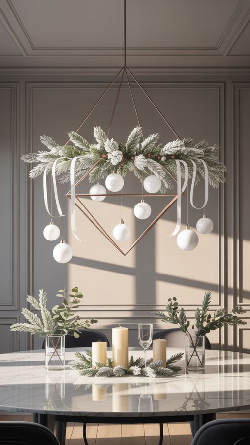 Modern Minimalist Christmas Chandelier with White Ornaments and Silver Accents