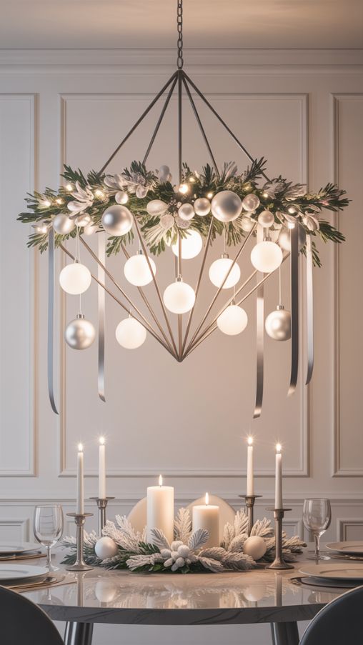 Modern Minimalist Christmas Chandelier with White Ornaments and Silver Accents
