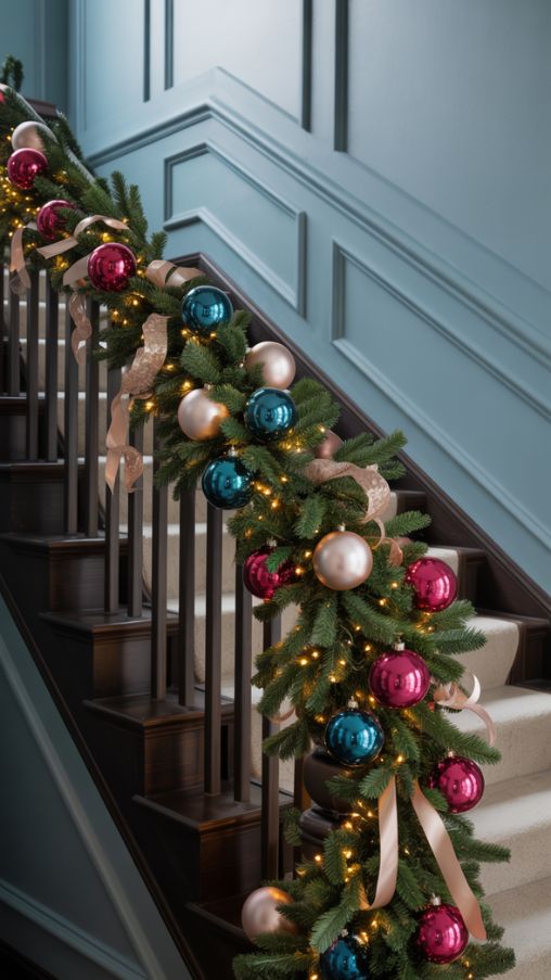 Modern Stair Railing Christmas Decorating Ideas with Jewel Tones for 2025