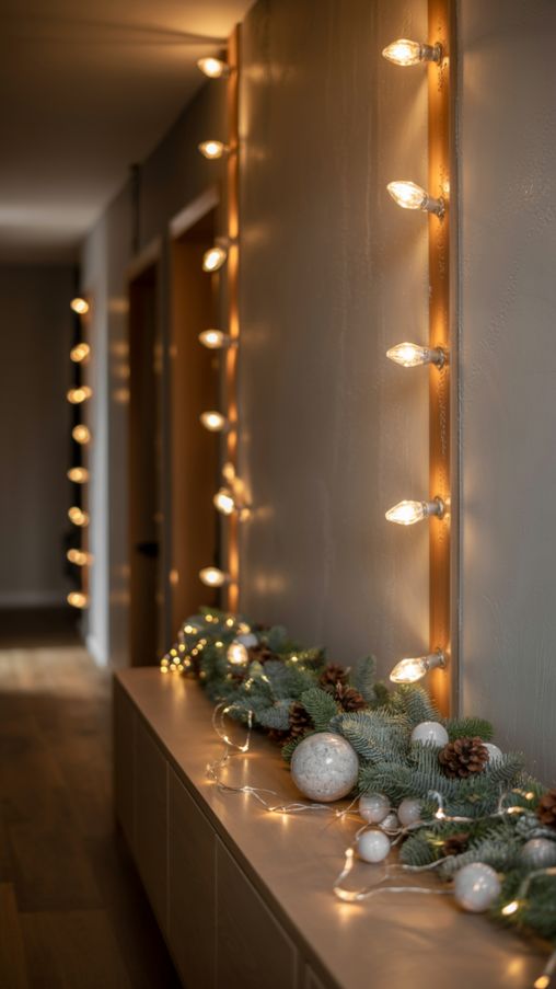 Modern hallway decorated for Christmas 2025 featuring smart LED lights, vintage C9 bulbs, and eco-friendly garlands for a cozy and sustainable holiday look.