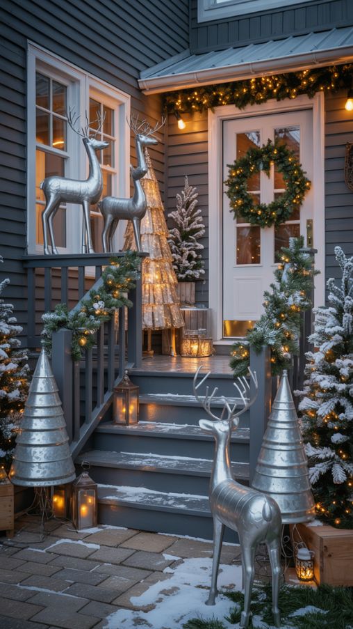 Modern living room decorated with mixed metal Christmas ornaments, rose gold accents, and layered metallic mantel and tablescape for 2025 trends