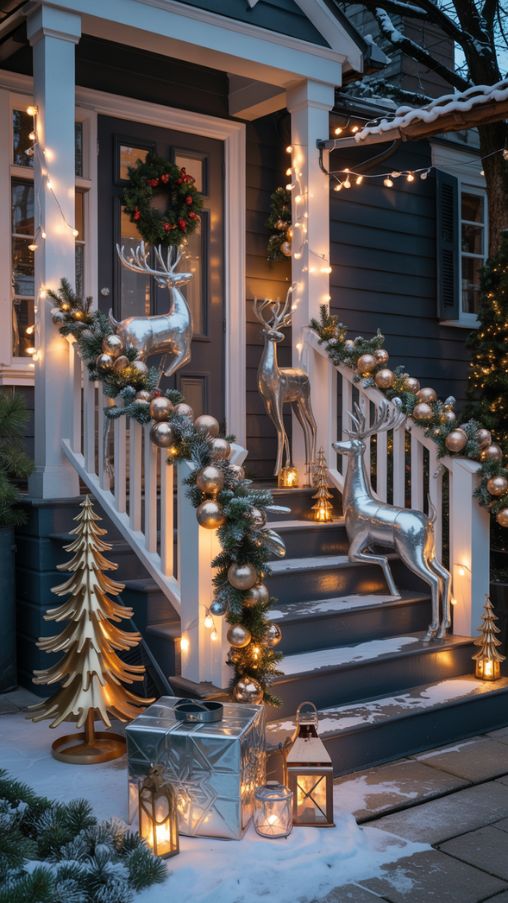 Modern living room decorated with mixed metal Christmas ornaments, rose gold accents, and layered metallic mantel and tablescape for 2025 trends