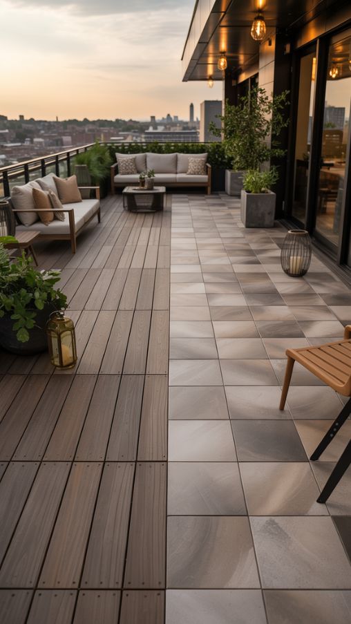 Modern roof terrace with composite decking and porcelain tile flooring featuring cozy outdoor seating and city view