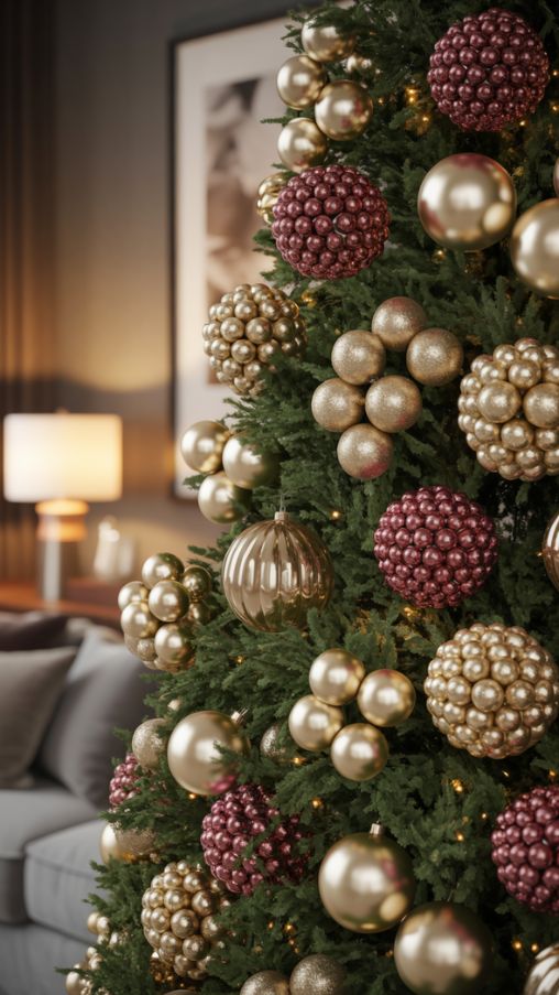 A beautifully decorated Christmas tree showcasing professional clustering and layering techniques. Ornaments are grouped in clusters of three or five, including small, medium, and large sizes, with a mix of textures like matte, glossy, metallic, and felt. Some clusters are placed deeper in the tree for dimension, while scattered individual ornaments add sparkle in the foreground. Soft, warm lighting highlights the layers and textures, creating depth and visual interest. The photorealistic scene captures a magazine-worthy, cozy living room setting, emphasizing elegance, intentional placement, and a harmonious balance of ornament styles.Keywords/Focus: Christmas Ornament Clustering, Layered Tree Decorations, Professional Tree Decorating Tips