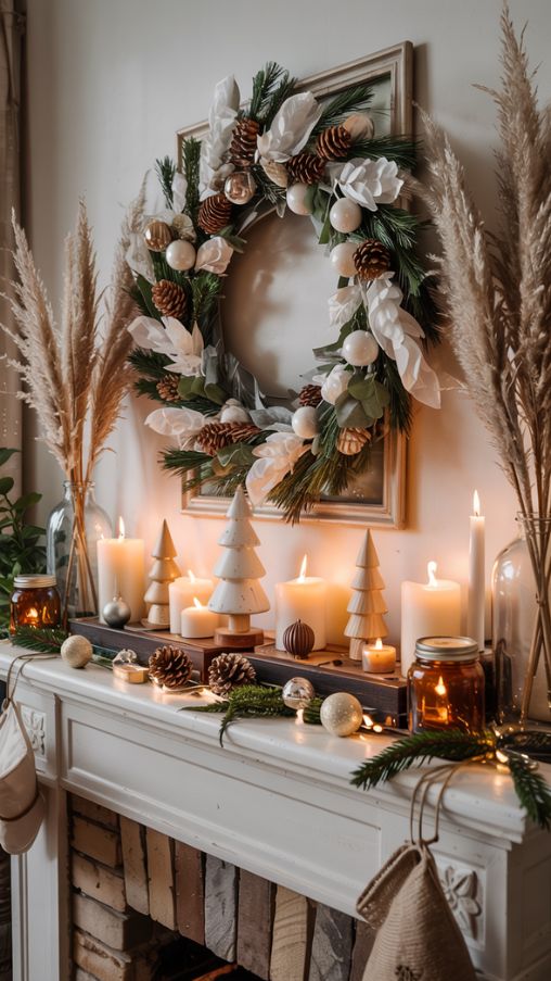 Neutral and Rustic Fireplace Mantel Christmas Decor