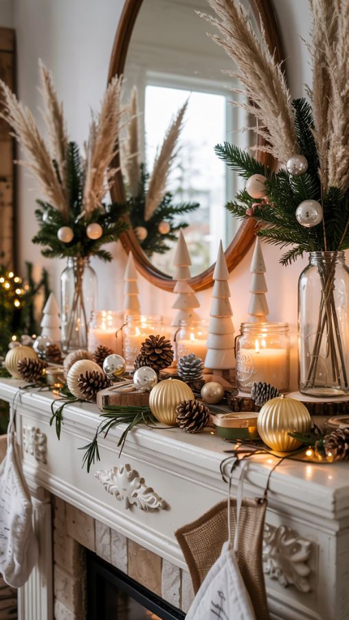 Neutral and Rustic Fireplace Mantel Christmas Decor