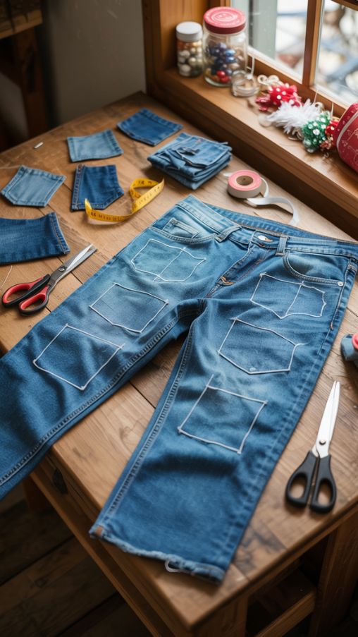 Old jeans being cut and prepared on a wooden crafting table with scissors and sewing tools for DIY upcycling projects