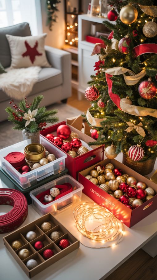 Organizing Red and Gold Christmas Decorations for a Stress-Free Holiday Setup