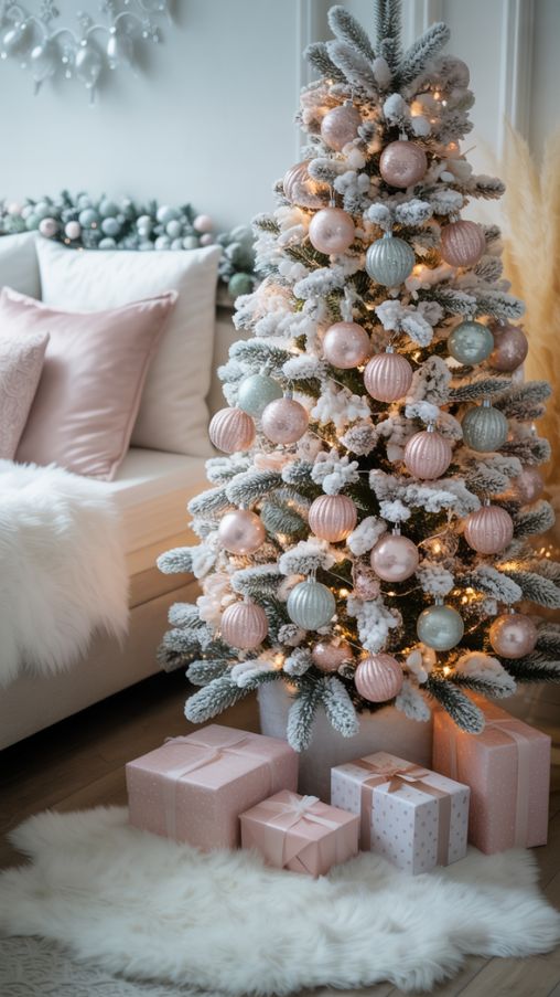 Pastel Wonderland Snow Christmas Tree with Soft Pink and Mint Ornaments