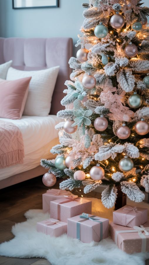 Pastel Wonderland Snow Christmas Tree with Soft Pink and Mint Ornaments