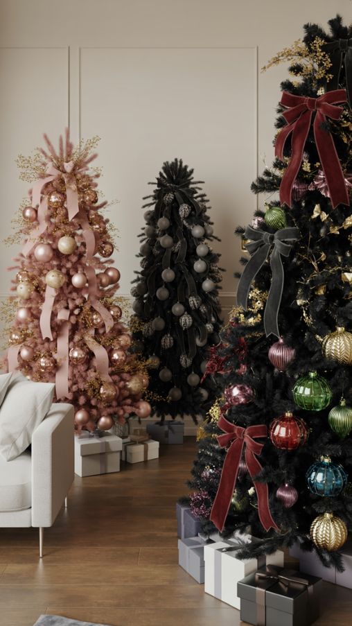 Create a striking photorealistic image of Themed Black Christmas Tree Ideas in a stylish living room. Showcase three black Christmas trees, each representing a distinct theme: a vintage pink-and-gold tree with soft blush and metallic ornaments, a gothic-inspired all-black tree with feathers and dark textured baubles, and a bold jewel-tone tree with emerald, ruby, and sapphire decorations highlighted with gold accents. Include themed ribbons, custom ornaments, and subtle ambient lighting for each tree to enhance the mood. Surround with minimal furniture and wrapped gifts in coordinating colors to keep the focus on the thematic designs.Image Title:
Themed Black Christmas Tree Decoration IdeasAlt Text:
Photorealistic image of three black Christmas trees styled in vintage pink-and-gold, gothic all-black, and jewel-tone themes with coordinating ornaments and ribbons.