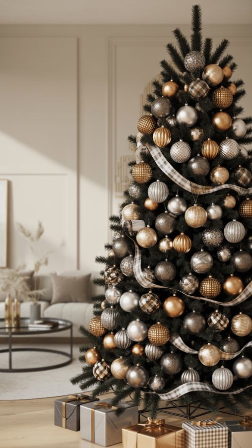 Patterned and Mixed-Metal Black Christmas Tree Decorations