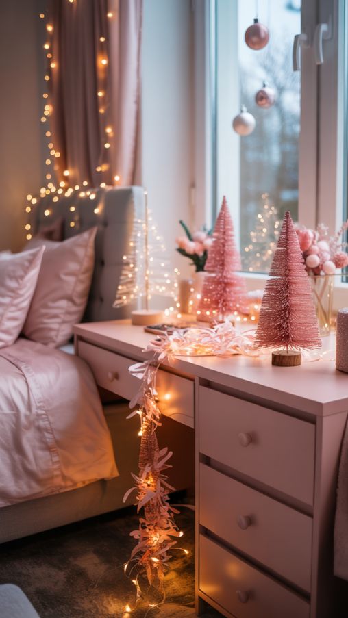 Pink Christmas Desk and Outdoor-Visible Decor Ideas for a Cozy Bedroom