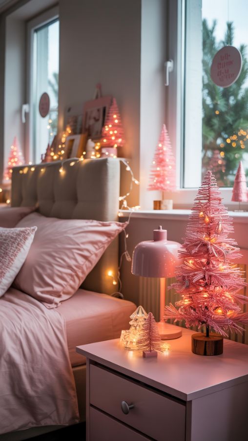 Pink Christmas Desk and Outdoor-Visible Decor Ideas for a Cozy Bedroom