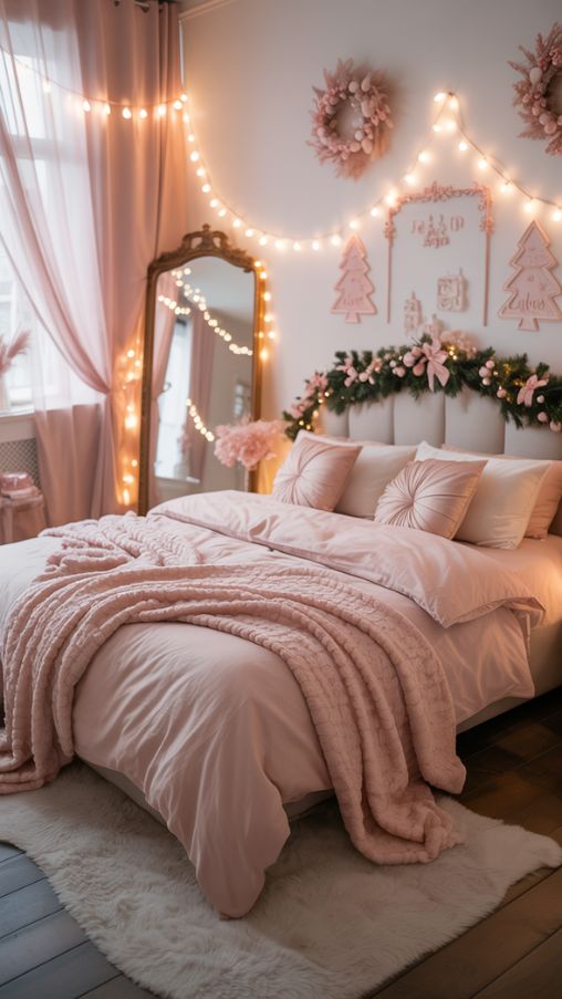Pink Christmas Wall, Window, and Door Decor Ideas for a Cozy Holiday Bedroom