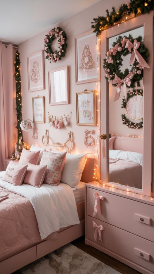 Pink Christmas Wall, Window, and Door Decor Ideas for a Cozy Holiday Bedroom