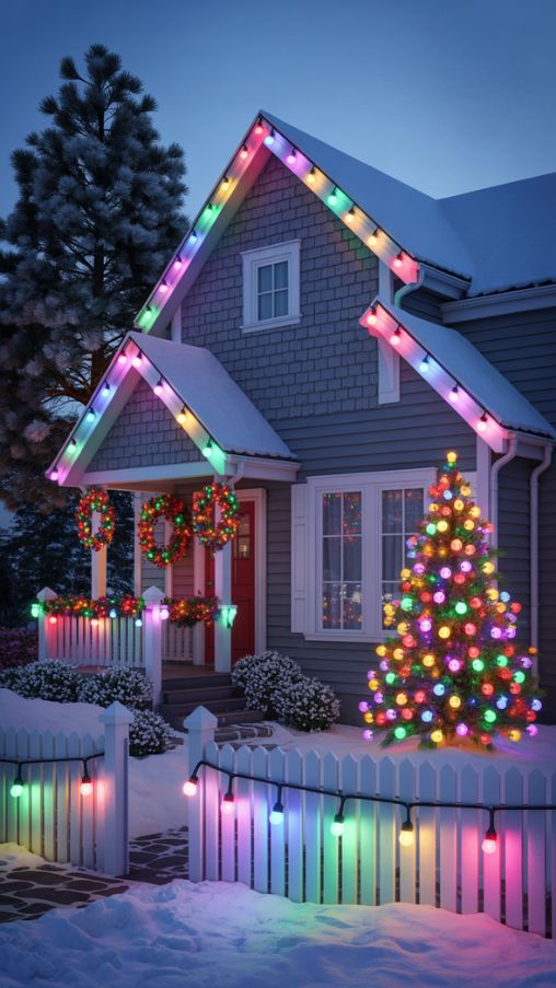 Playful Pops of Color Exterior Christmas Lights Ideas
