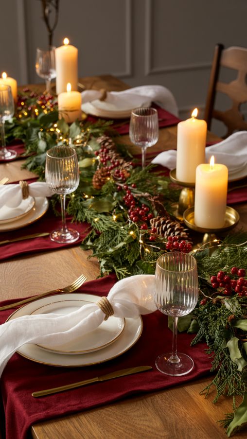 Pretty Christmas Table Decorations, Festive Christmas Tablescape, Cozy Holiday Dining Decor