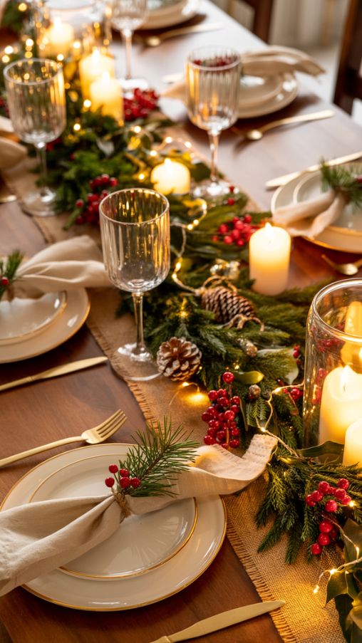 Pretty Christmas Table Decorations, Festive Christmas Tablescape, Cozy Holiday Dining Decor