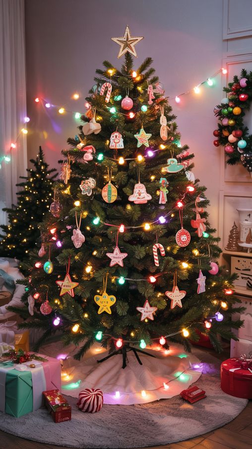 A playful Christmas tree decorated with rainbow and pastel-colored LED lights, featuring soft pink, mint green, and light yellow hues. The tree is adorned with small vintage-style ornaments, including candy canes, tiny toys, and handmade stars. The lights create a soft, magical glow that highlights the whimsical decorations. The room is cozy and child-friendly, with subtle festive accents like wrapped presents and a soft rug. Realistic textures, gentle shadows, and glowing reflections on ornaments make the scene vibrant yet harmonious, perfect for a joyful holiday atmosphere.